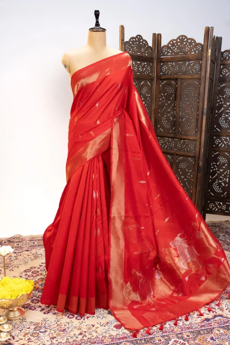 Bright Orange Kanchipuram Handloom Bridal Silk Saree